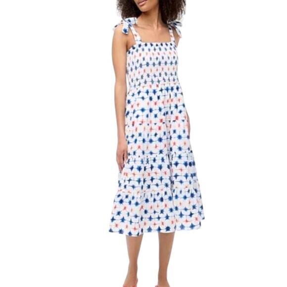 J. Crew Dress Smocked Tie Sleeves Sundress Red Blue Stars Women’s Plus Size 2X - Picture 1 of 14